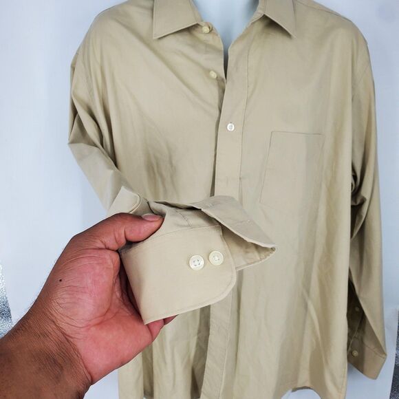David Taylor Shirt Mens 17.5 34/35 Tan Dress Button Front Single Needle Pocket - Picture 4 of 9
